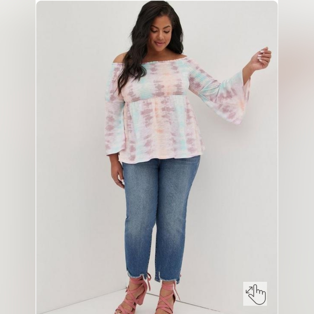 Torrid Size 0 L Pastel Tie Dye Smocked Off-Shoulder Bell Sleeve Babydoll Top